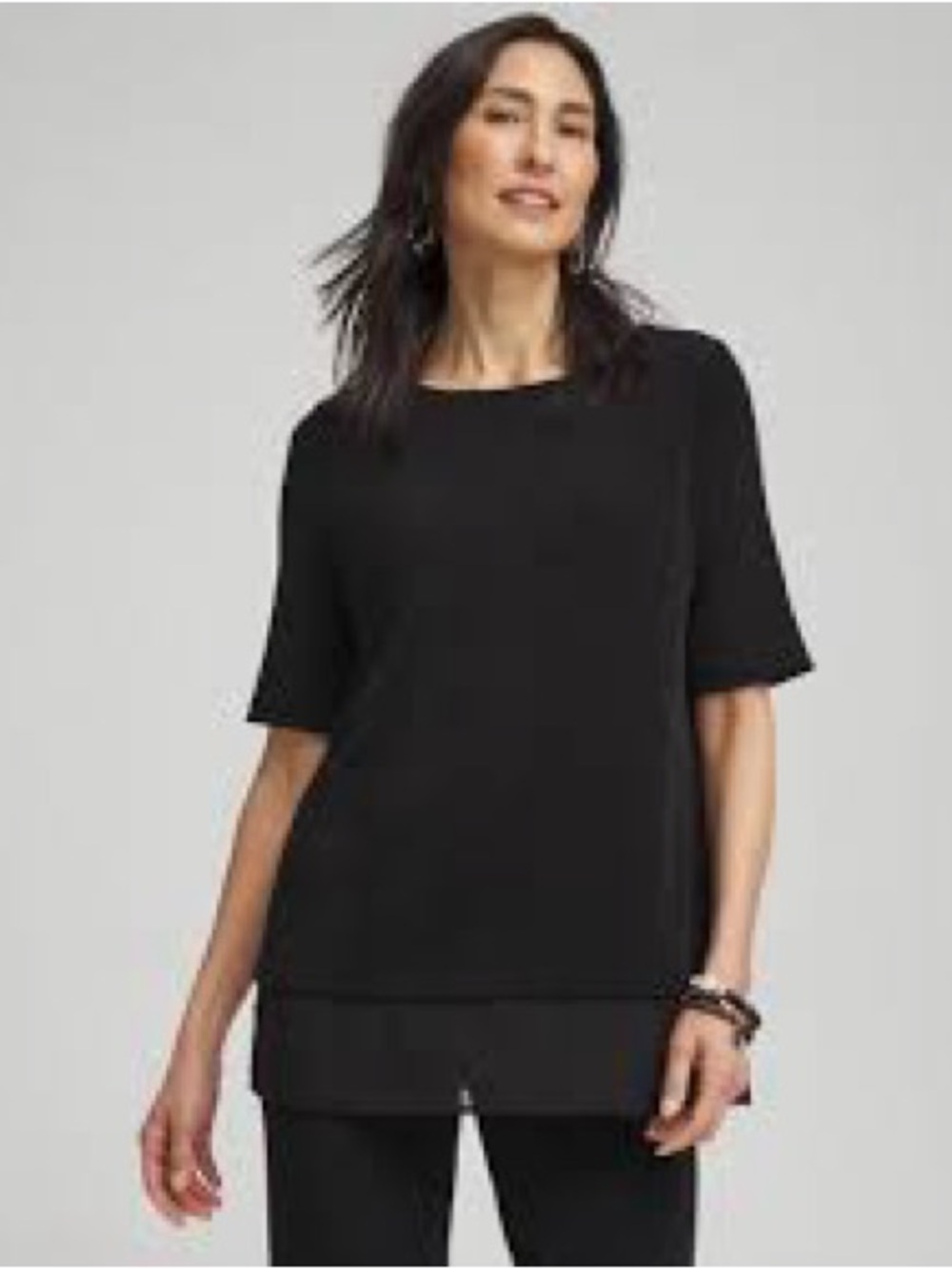 Chicos Travelers Black Chiffon Hem Top Sz 3 US XL Capsule Wardrobe Essentials